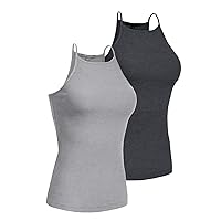 Women's Active High Neck Simple Casual Spaghetti Strep Ribbed Camisole Tank Top (2 Pack) S-3XL