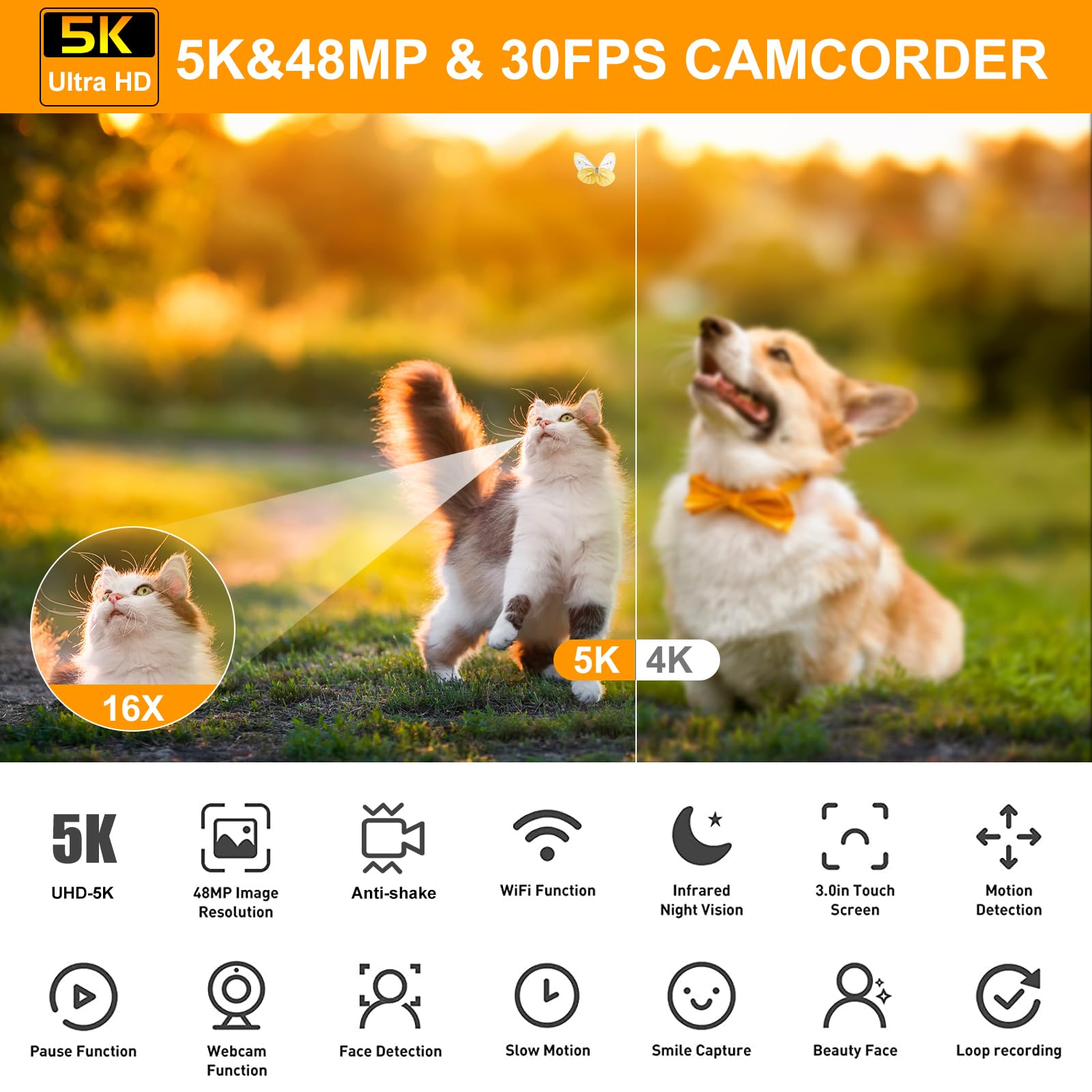 5K Video Camera Camcorder 48MP UHD WiFi IR Night Vision Vlogging Camera for YouTube 16X Digital Zoom 3” Touch Screen Camera Recorder with Microphone, Handheld Stabilizer, Lens Hood, Remote,2 Batteries