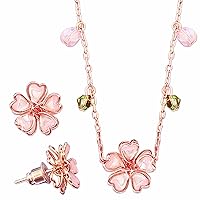 BelugaDesign Sakura Jewelry Set | Cherry Blossom Crystal Necklace Stud Earrings | Cute Kawaii Japanese Anime Pink Pastel Flower | Rose Gold Sterling Silver 2 Pack