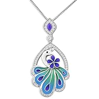 Rhodium Plated Sterlin Silver Hand Painted Enamel Womans Peacock Flower Charm Necklace 18in