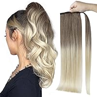 Full Shine Real Hair Ponytail Extension for Women Natural Hair Balayage Extension Ash Brown Fading to Platinum Blonde Ponytail Clip in Extensions Straight 80Grams 16Inch