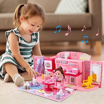 deAO Doll Houses Portable Backpack for Girls with Doll Toy House with Light and Music Baby Dollhouse Furniture for 3 to 8 Years Olds Toddler Kids…