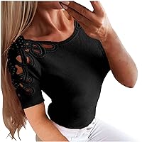DESKABLY 2023 Summer Lace Tops for Women Casual Elegant Dressy Lace Hollow Sleeve Tunic Blouses Fashion Round Neck T-Shirts