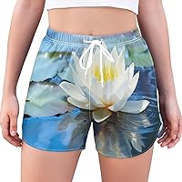 Flowers Leaves Lotus White Womens Athletic Shorts High Waisted Running Shorts with Pockets Active Shorts for Women