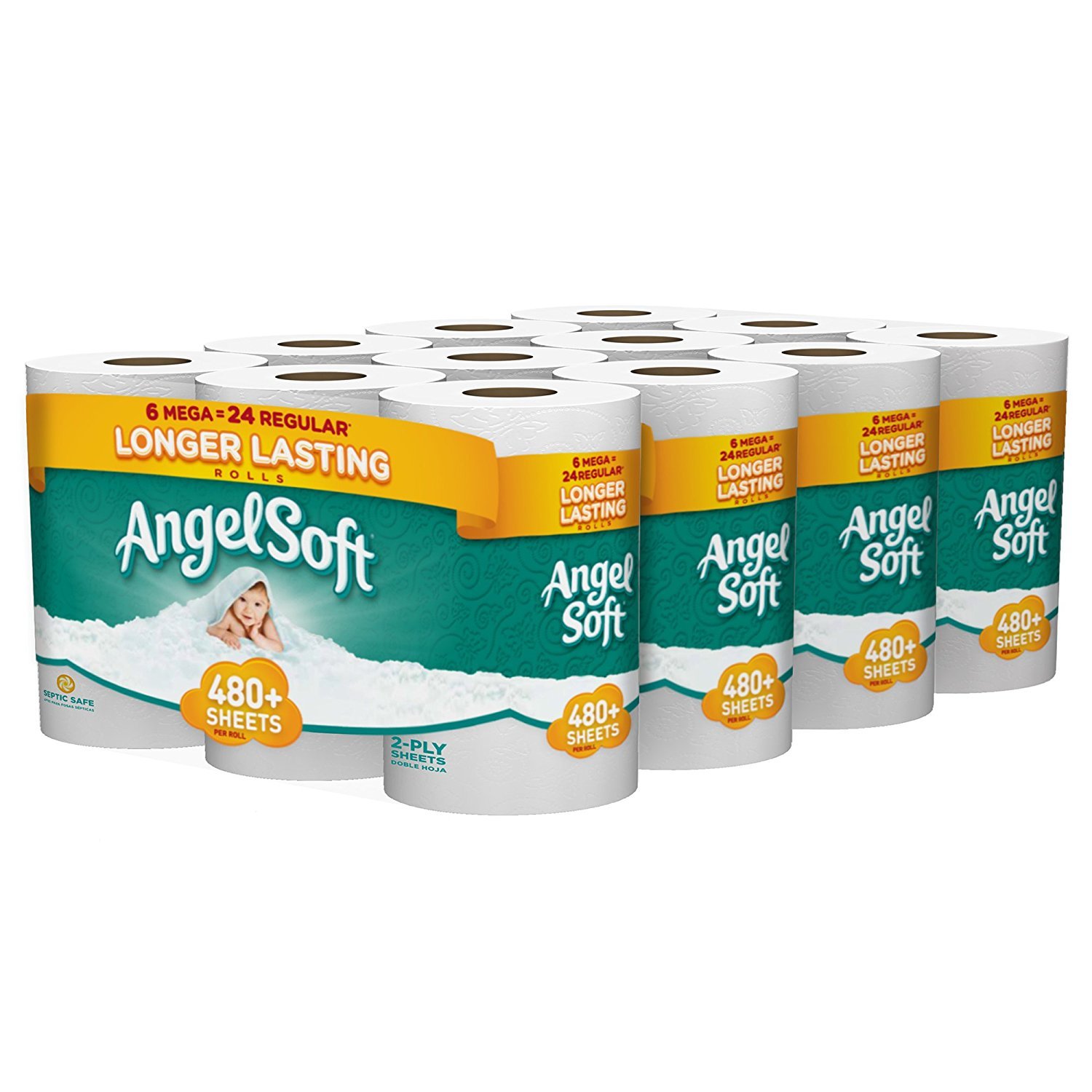 ANGEL SOFT Toilet Paper Bath Tissue, 24 Mega Rolls, 480+ 2-Ply Sheets Per Roll