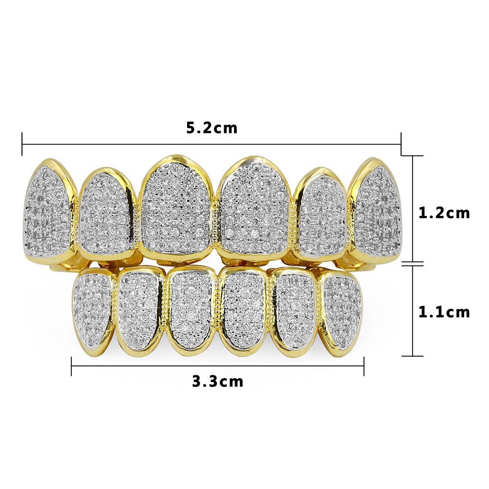 JINAO 18k Gold Plated All Iced Out Luxury Cubic Zirconia Face diamond Gold Teeth Grillz set with Extra Molding Bars Included for Men Women