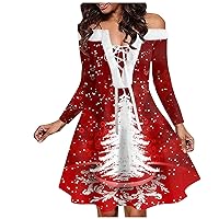 Women's Christmas Party Dresses 2023 Fashion Casual One Shoulder Retro Printed Plush Long Sleeved Dress, S-2XL