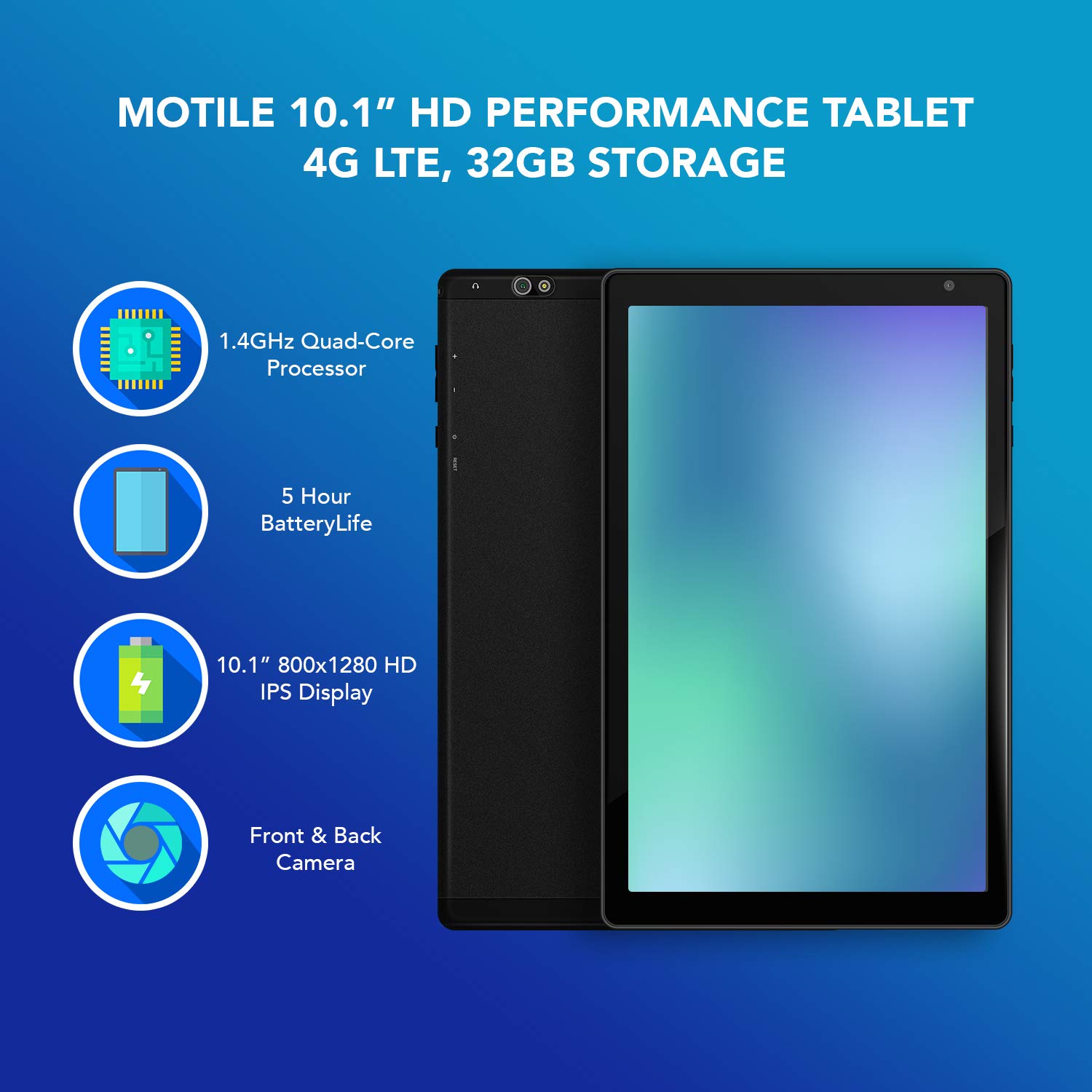 MOTILE 10.1” IPS Touch Screen HD Performance Big Android Tablet, 4G LTE/3G/2G, WiFi, Bluetooth, 32GB Storage, Black