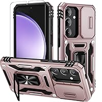 for Samsung Galaxy S24 Case with Slide Camera Cover and Screen Protector, Military Grade Protection [Rotated Ring Kickstand] Heavy Duty Shockproof Protective Case-Rose Gold