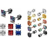 Hopply 9 Pairs Titanium Screw Back Rainbow Cubic Zirconia Studs Earrings for Women Men,Hypoallergenic Surgical Stainless Steel 5A Cubic Zirconia 20G Helix Piercing Post for Sensitive
