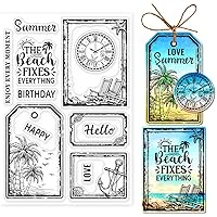 GLOBLELAND Beach Label Clear Stamp Sea Beach Clear Rubber Stamps Coconut Tree Silicone Stamps for DIY Scrapbooking Photo Album Decorative Cards Making Home Decoration 6.3x4.33inch