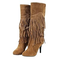 BIGTREE Womens Slouchy Boots Pointed Toe Tassel High Heel 3-Layer Fringe Mid Calf Boots