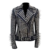 LP-FACON Womens Studded Rock Punk Spikes Motorcycle Metallic Brando Biker Leather Jacket