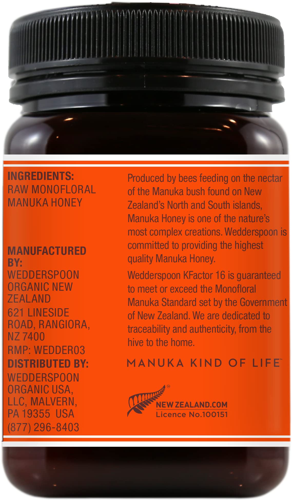 Wedderspoon Raw Premium Manuka Honey, KFactor 16, 17.6 Oz, Genuine New Zealand Honey, Traceable from Our Hives to Your Home