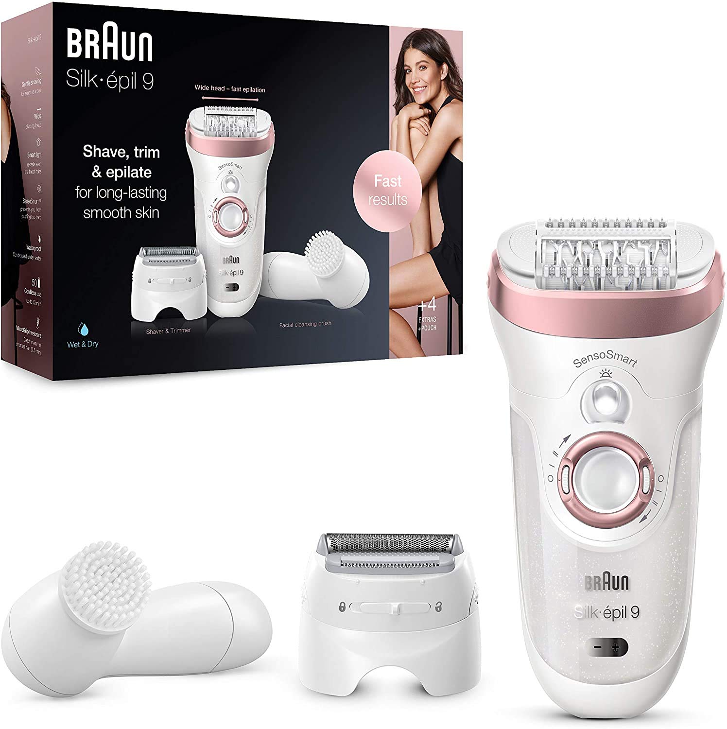 Braun Silk-épil 9-880 Epilator for Long-Lasting Hair Removal Includes a Facial Cleansing Brush High Frequency Massage Cap Shaver and Trimmer Head Cordless Wet and Dry Epilation for Women