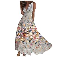 Vacation Dresses for Women Boho Floral Printed Dress Summer Sleeveless V Neck Swing Pleated Party Dress 2024