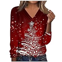 2023 Christmas Shirts for Women Long Sleeve Graphic Tops Button V Neck Tee Shirt Loose Fit Daily Festival Outfit