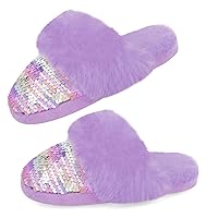 Girls Fluffy Slippers,Sequin Faux Fur Fuzzy Slip-on House Slippers with Memory Foam House Shoes for Girls Bedroom Slippers
