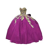 Sweetheart Gold Flower Lace Big Bows Ball Gown Quinceanera Prom Evening Dresses Sweet 15 Party for Women