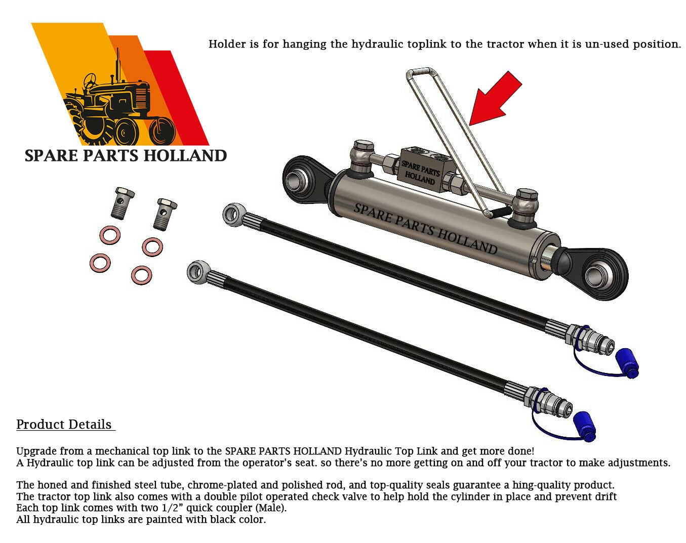 Hydraulic Top Link Cat. 1-1 with Locking Block Min. 16 1/8”→ Max. 22 7/16” with 2 x Hoses Stroke. 6 5/16