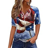 Womens 4th of July Shirts Button V Neck Tops American USA Flag Star Stripes Tees Short Sleeve Patriotic Tshirts
