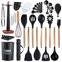 40 Pcs Cooking Utensils Set with Apron Silicone Turner Tong Spatula Spoon Kitchenware Organizer, BPA Free, Non-stick Heat Resistant Kitchen Gadgets Cookware with Natural Wooden Handle, Black
