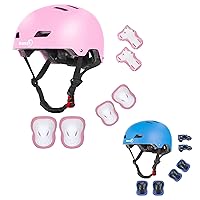 Kids Bike Helmet with Knee Pads Elbow Pads Wrist Guards for Age 3-14+ Youth/Teens, Pink Small and Blue Small