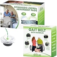 Commode Liners with Absorbent Pads & Gait Belt for Seniors - 100 Strong Portable Toilet Bags & Pads - Bedside Commode Liners Disposable - Transfer Gate Belts with Handles for Lifting Elderly & Patient