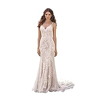 Dexinyuan Lace Mermaid Wedding Dresses for Bride 2024 Simple Beach Bohemian Bridal Gowns for Women