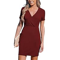 Women's Spring Maxi Dresses 2024 Fashionable Casual Slim Fit Solid Color Short Sleeved V-Neck Small Dress, S-2XL