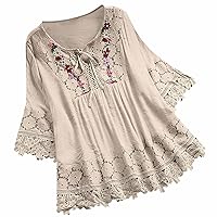 Plus Size Tops for Women Vintage Lace Patchwork Bow V-Neck Blouses Embroidery Summer 3/4 Sleeve Retro Flowy T-Shirt