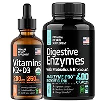 S RAW SCIENCE Gut Health Essentials - Digestive, Bone Density & Heart Support Supplement - Digestive Enzymes with Probiotics 400mg 60pcs and Vitamin K2 200mcg with D3 Drops 10000ui 2oz