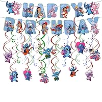 Stitch Birthday Decorations Blue Stitch Birthday Banner Hanging Swirls for Birthday Party Supplies