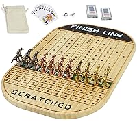 Horse Race Board Game Racing Game Thickened Solid Wood with 11 Luxurious Durable Classic Metal Horses with 4 Dice and 2 Boxes of Cards Horse Racing Game (Log Color, Oval)
