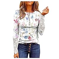 Womens Tops Dressy Casual, Women's Fashion Button Round Neck Slim Floral Round Neck Print Splicing Lace Long Sleeve Top