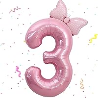 40 Inch Pink Number 3 Balloon & Mini Bow Balloon for Girl Birthday Party Decorations, 3rd Birthday Party Decorations Pink Theme Party Balloons Decorations Supplies