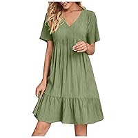 Women Summer Ruffe Hem Belly Hide Casual A-Line Dress Short Sleeve V-Neck Fashion Pleated Loose Fit Solid Dresses