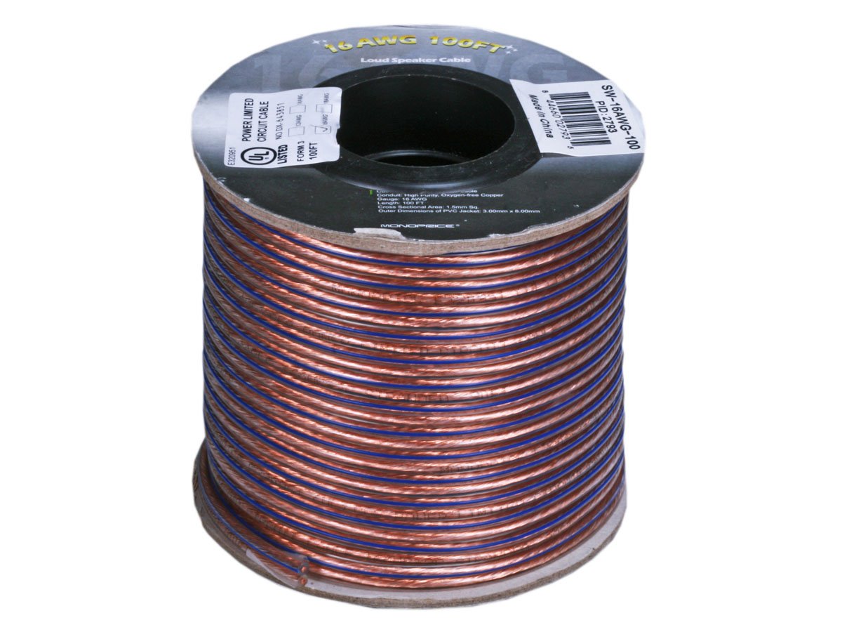 Monoprice 102793 Choice Series 16 Gauge AWG 2 Conductor Speaker Wire / Cable - 100ft High Purity 99.9% Oxygen Free Pure Bare Copper For Home Theater, Car Audio And More