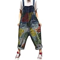 Flygo Women's Plus Size Floral Printed Wide Leg Distressed Bib Denim Overalls Jumpsuits with Pockets (One Size, Style 09 Blue)