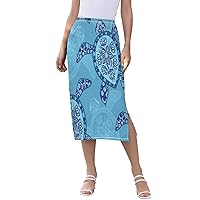 ALAZA Turtle Flower Blue Ethnic Floral Women's Skirts Split Skirt Weekend Skirts