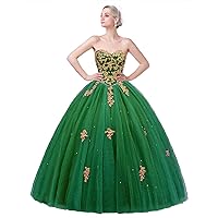 Quinceanera Dresses Gold Lace Ball Gown Prom Party Evening Dress