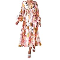 Women's Summer Dresses Casual Bubble Sleeve Slim Long Dress Spicy High Waist Off Shoulder Printed Dress(2-Pink,Small)
