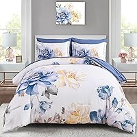 Dinjoy Floral Comforter Set Queen Size 7 Pieces Bed in A Bag Blue Flower Leaves Soft Bedding Set (1 Comforter, 1 Flat Sheet, 1 Fitted Sheet,Pillowcases & Pillow Shams) Girls Women Gift
