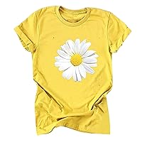 Womens Summer T-Shirt, Casual Trendy Daisy Print Loose Fit Blouse Tops Ladies Short Sleeve Cute Crewneck Comfy Clothes