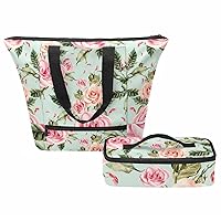 トートバッグとスモールランチバッグのセット、花の花バラの葉,女性用ショルダーバッグ ランチボックスとハンドバッグ