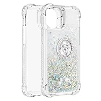 Shockproof Case for iPhone 13 Pro Max,Glitter Bling Shine Diamond Heart Rainbow Quicksand Transparent TPU Shell with Rotating Finger Ring Kickstand