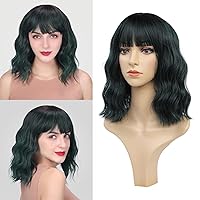 Wigs for Women - Ombre Dark Green Wig with Bangs for Women, Short Wavy Bob Wig, Colorful Medium Length Wig, Pastel Colored Cosplay Wig Costume Synthetic Wigs, Halloween Wigs
