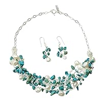 NOVICA Handmade Cultured Freshwater Pearl Jewelry Set .925 Sterling Silver Blue Gems Reconstituted Turquoise Beaded Chain Mexico Birthstone 'Cancun Muse'