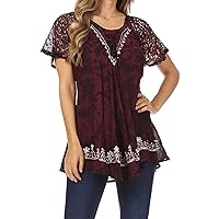 Sakkas Ash Speckled Tiedye Embroidered Cap Sleeve Blouse Top With Embroidery Hems