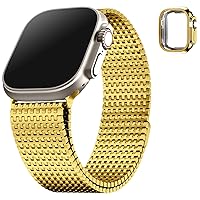 Compatible Apple Watch Metal Bands Ultra 49mm, Stainless Steel Mesh Loop Magnetic Clasp iWatch Band with TPU Case for Apple Watch Ultra/Ultra 2 for Men Women (Golden)